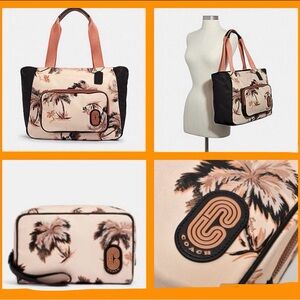 Coach Court Tote Purse Bag With Glowing Palm Print & Cosmetic Case Pouch NEW